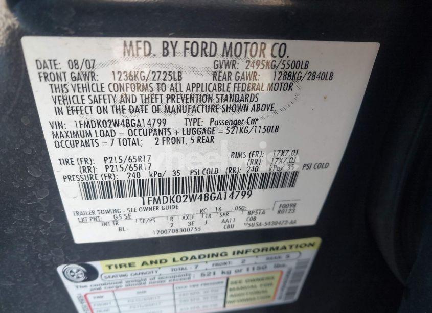 Photo 9 of 2008 Ford Taurus X SEL (VIN 1FMDK02W48GA14799)