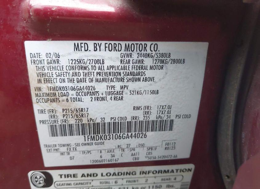 Photo 9 of 2006 Ford Freestyle LIMITED (VIN 1FMDK03106GA44026)