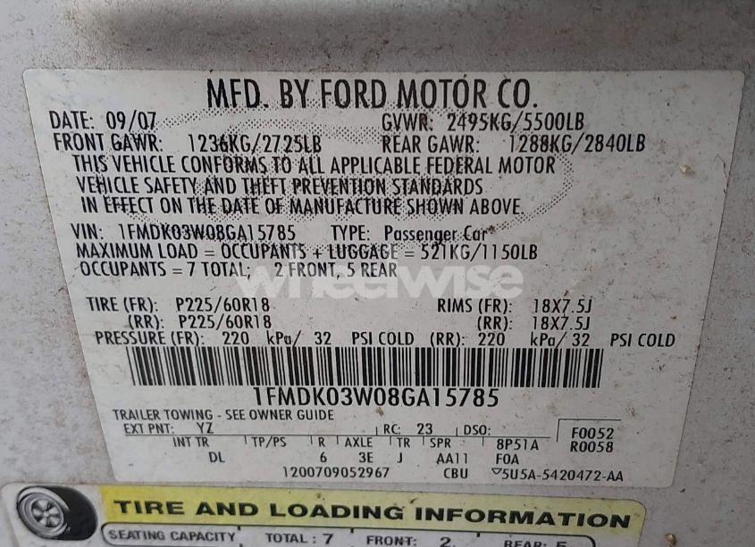 Photo 9 of 2008 Ford Taurus X LIMITED (VIN 1FMDK03W08GA15785)