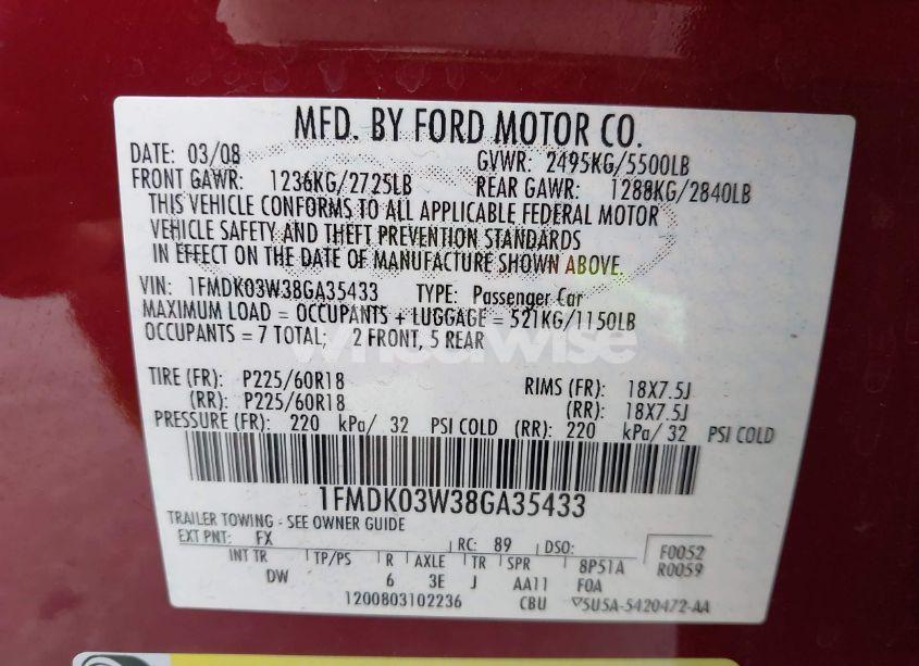 Photo 9 of 2008 Ford Taurus X LIMITED (VIN 1FMDK03W38GA35433)