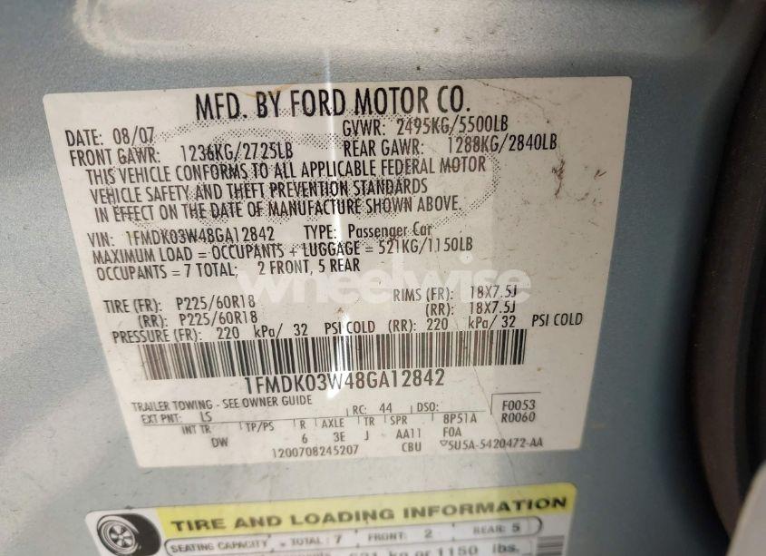 Photo 9 of 2008 Ford Taurus X LIMITED (VIN 1FMDK03W48GA12842)