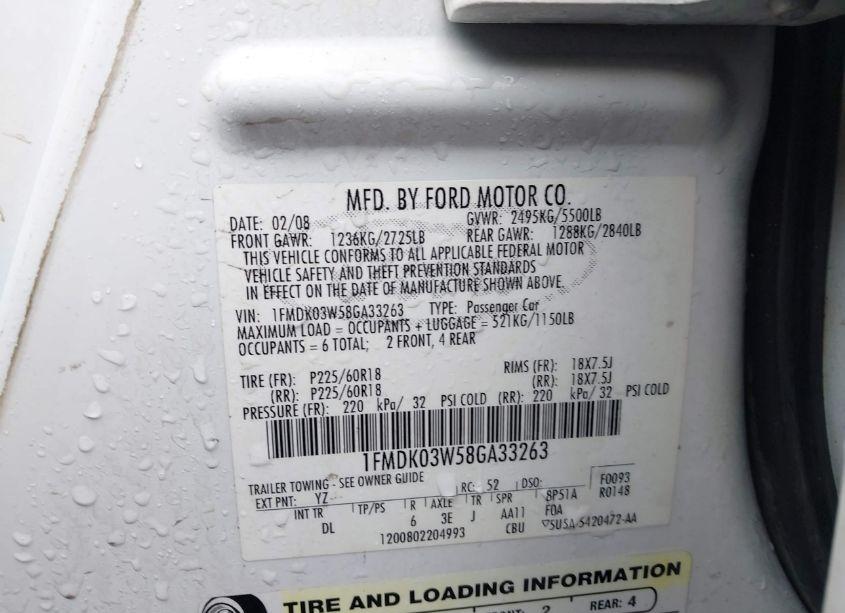 Photo 9 of 2008 Ford Taurus X LIMITED (VIN 1FMDK03W58GA33263)