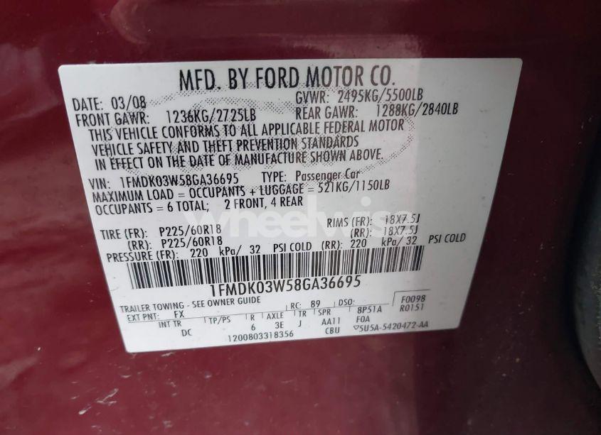 Photo 9 of 2008 Ford Taurus X LIMITED (VIN 1FMDK03W58GA36695)