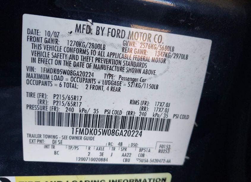 Photo 9 of 2008 Ford Taurus X SEL (VIN 1FMDK05W08GA20224)