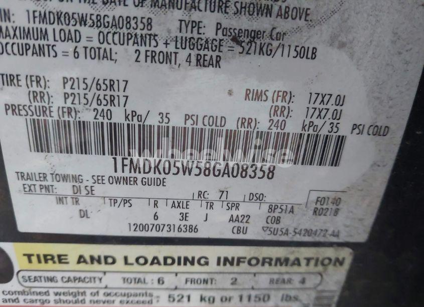 Photo 9 of 2008 Ford Taurus X SEL (VIN 1FMDK05W58GA08358)