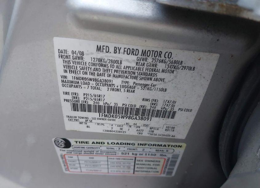 Photo 9 of 2008 Ford Taurus X SEL (VIN 1FMDK05W98GA38091)