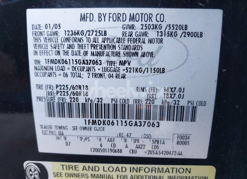 Photo 9 of 2005 Ford Freestyle LIMITED (VIN 1FMDK06115GA37063)