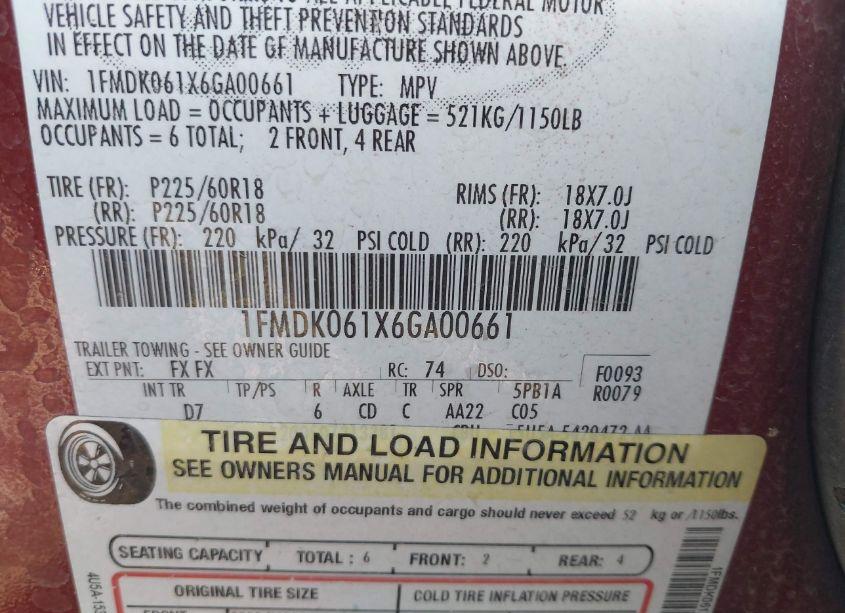 Photo 9 of 2006 Ford Freestyle LIMITED (VIN 1FMDK061X6GA00661)