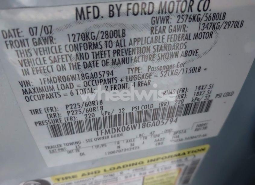 Photo 9 of 2008 Ford Taurus X LIMITED (VIN 1FMDK06W18GA05794)