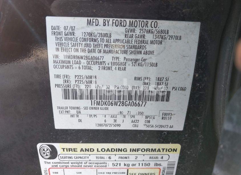 Photo 9 of 2008 Ford Taurus X LIMITED (VIN 1FMDK06W28GA06677)