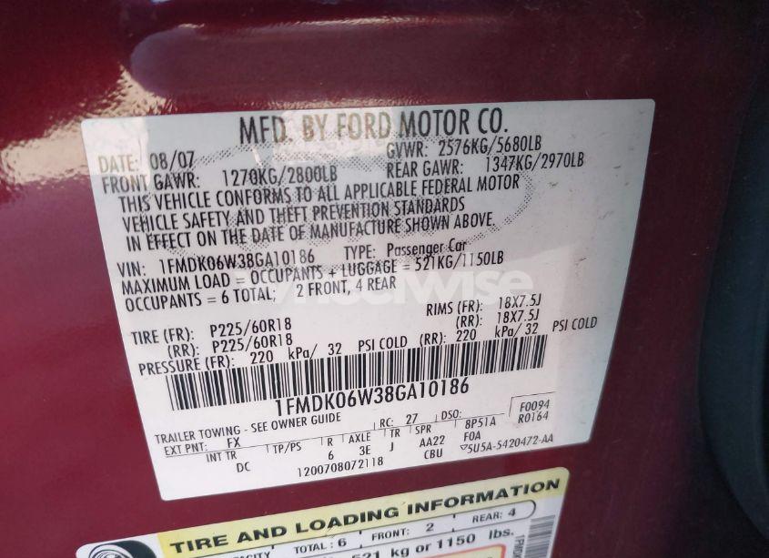 Photo 9 of 2008 Ford Taurus X LIMITED (VIN 1FMDK06W38GA10186)