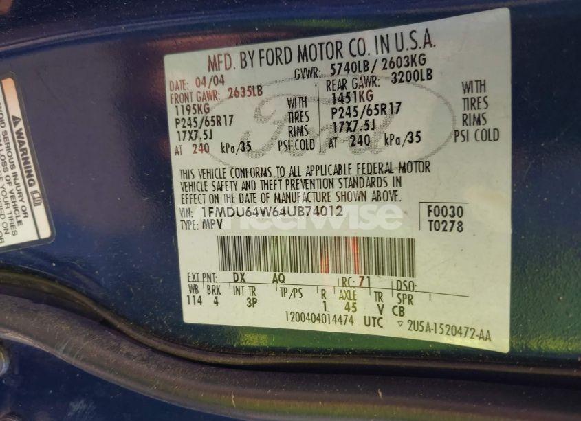 Photo 9 of 2004 Ford Explorer EDDIE BAUER (VIN 1FMDU64W64UB74012)