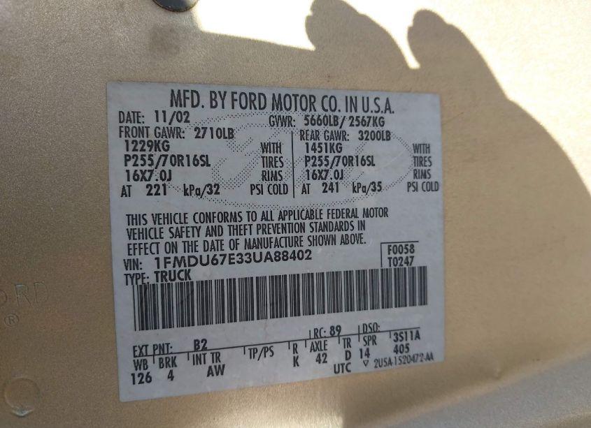 Photo 9 of 2003 Ford Explorer SPORT TRAC XLS/XLT (VIN 1FMDU67E33UA88402)