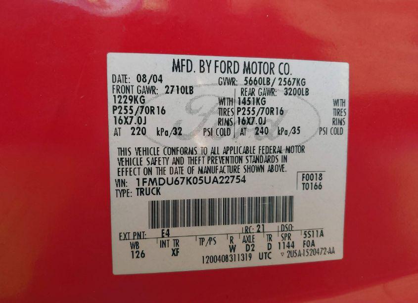 Photo 9 of 2005 Ford Explorer SPORT TRAC ADRENALIN/XLS/XLT (VIN 1FMDU67K05UA22754)