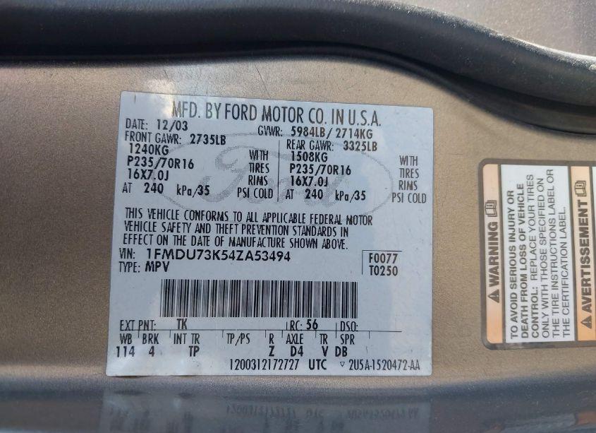 Photo 9 of 2004 Ford Explorer NBX/XLT (VIN 1FMDU73K54ZA53494)