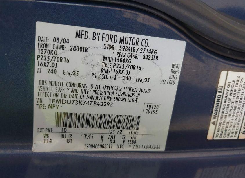 Photo 9 of 2004 Ford Explorer NBX/XLT (VIN 1FMDU73K74ZB43293)