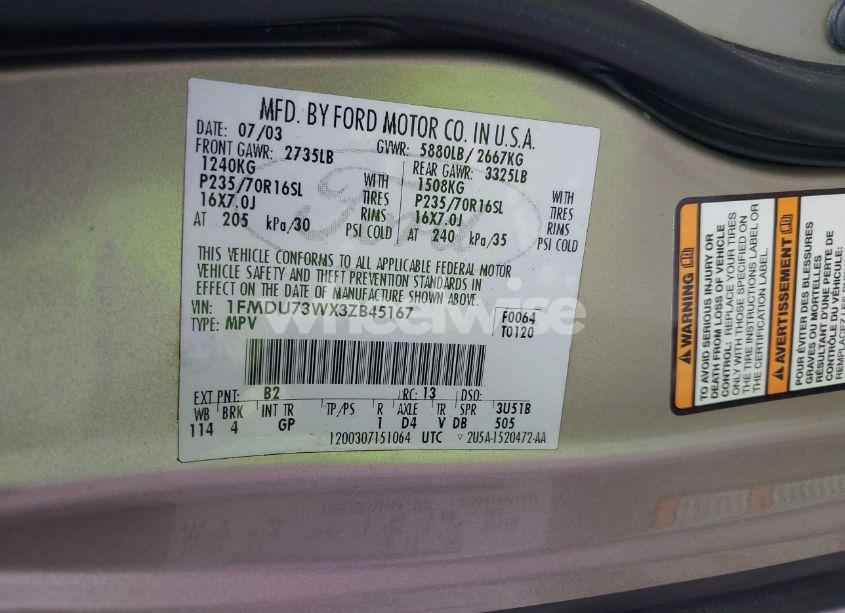 Photo 9 of 2003 Ford Explorer NBX/XLT (VIN 1FMDU73WX3ZB45167)