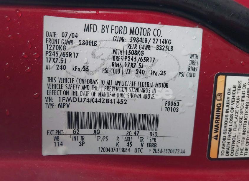 Photo 9 of 2004 Ford Explorer EDDIE BAUER (VIN 1FMDU74K44ZB41452)