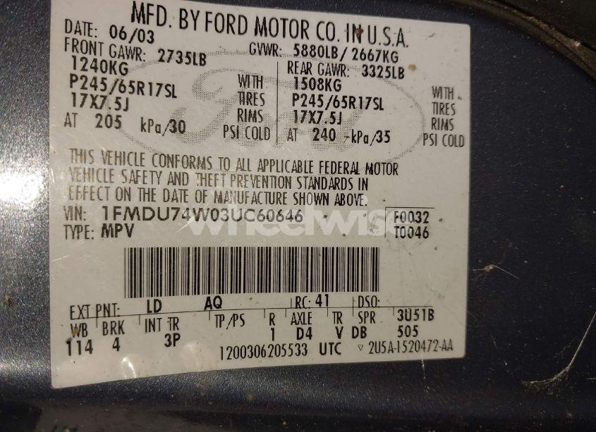 Photo 9 of 2003 Ford Explorer EDDIE BAUER (VIN 1FMDU74W03UC60646)
