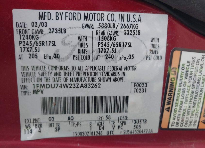 Photo 9 of 2003 Ford Explorer EDDIE BAUER (VIN 1FMDU74W23ZA83262)