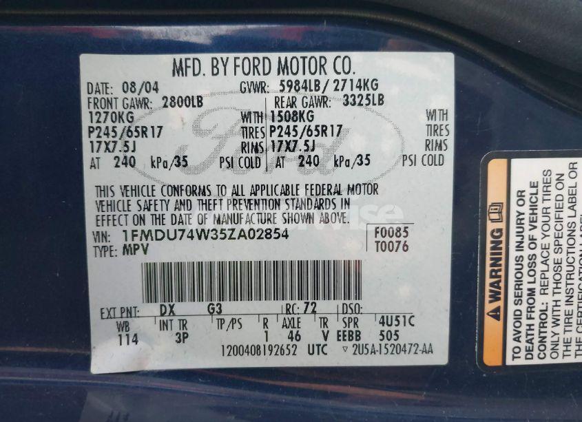 Photo 9 of 2005 Ford Explorer EDDIE BAUER (VIN 1FMDU74W35ZA02854)