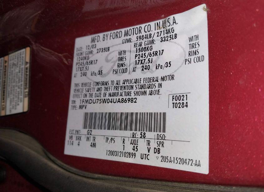 Photo 9 of 2004 Ford Explorer LIMITED (VIN 1FMDU75W04UA86982)