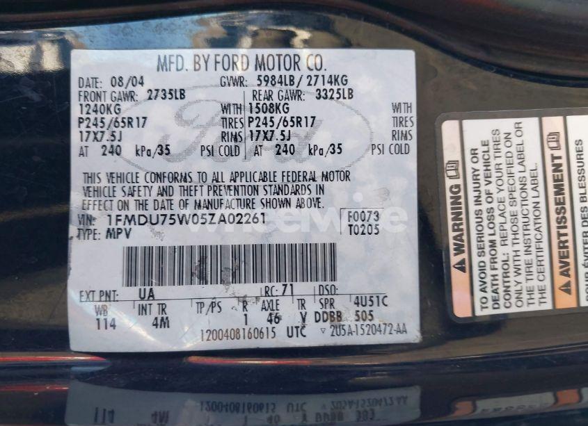 Photo 9 of 2005 Ford Explorer LIMITED (VIN 1FMDU75W05ZA02261)