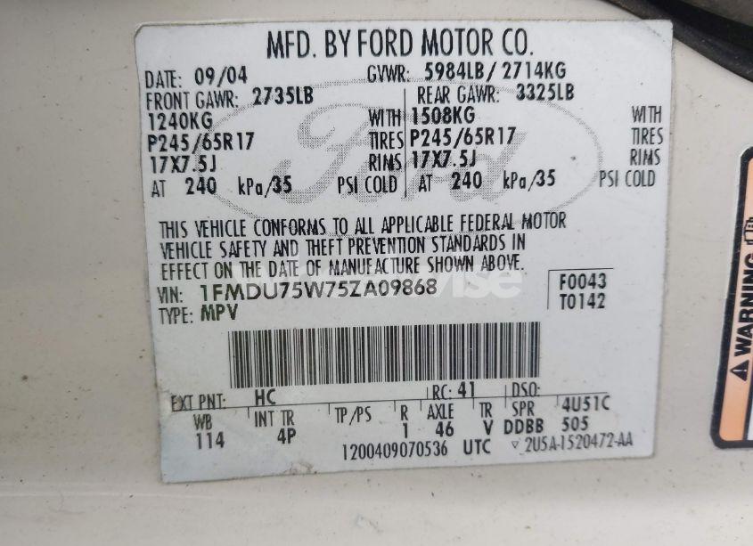 Photo 9 of 2005 Ford Explorer LIMITED (VIN 1FMDU75W75ZA09868)