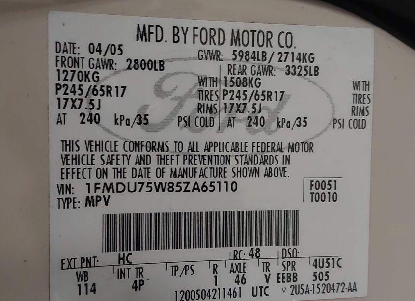 Photo 9 of 2005 Ford Explorer LIMITED (VIN 1FMDU75W85ZA65110)