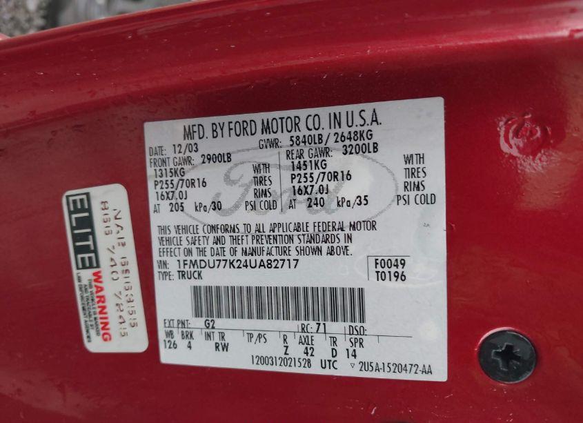 Photo 9 of 2004 Ford Explorer SPORT TRAC ADRENALIN/XLS/XLT (VIN 1FMDU77K24UA82717)