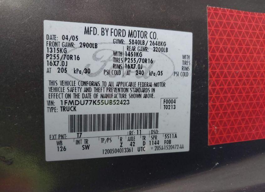 Photo 9 of 2005 Ford Explorer SPORT TRAC ADRENALIN/XLS/XLT (VIN 1FMDU77K55UB52423)
