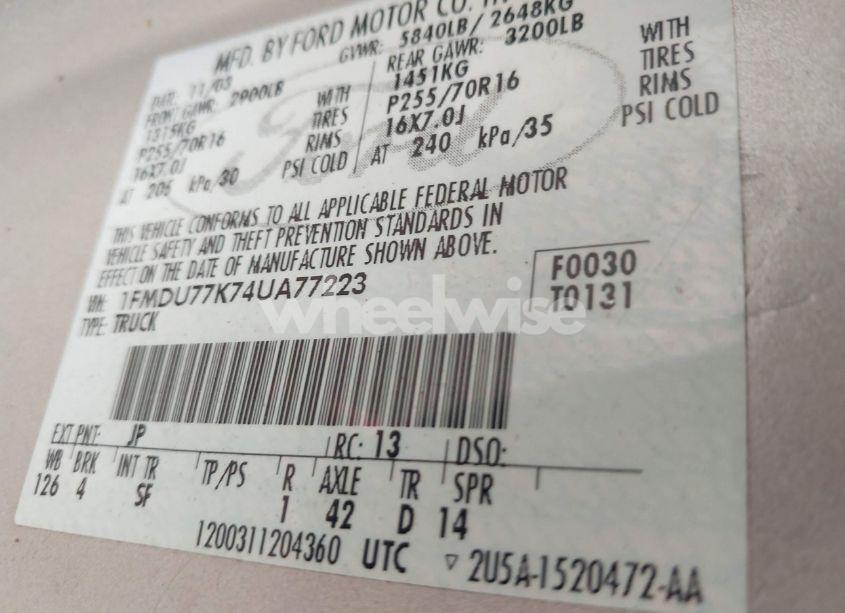 Photo 9 of 2004 Ford Explorer SPORT TRAC ADRENALIN/XLS/XLT (VIN 1FMDU77K74UA77223)