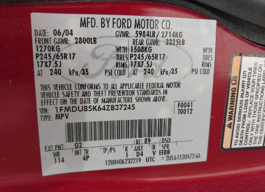 Photo 9 of 2004 Ford Explorer LIMITED (VIN 1FMDU85K64ZB37245)