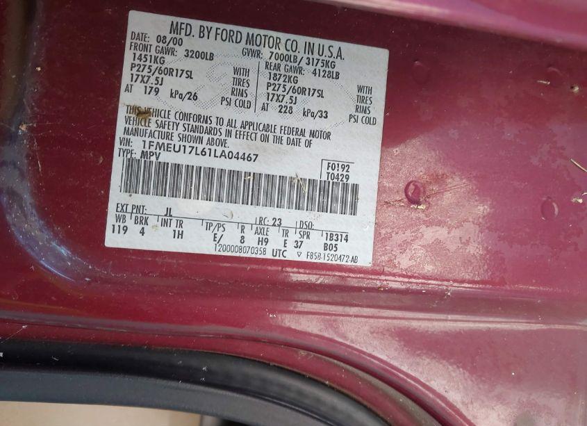 Photo 9 of 2001 Ford Expedition EDDIE BAUER (VIN 1FMEU17L61LA04467)