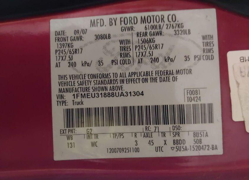 Photo 9 of 2008 Ford Explorer SPORT TRAC XLT (VIN 1FMEU31888UA31304)