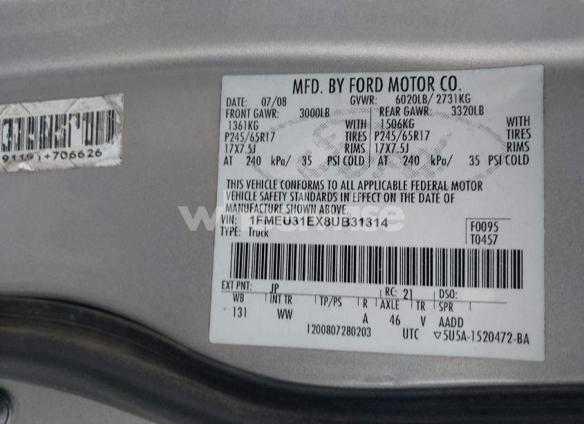 Photo 9 of 2008 Ford Explorer SPORT TRAC XLT (VIN 1FMEU31EX8UB31314)