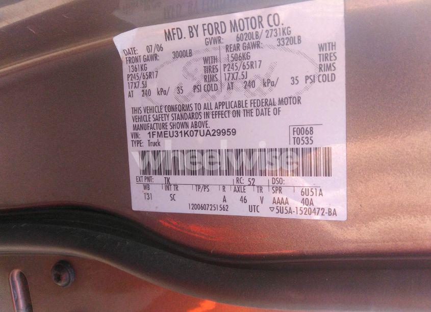 Photo 9 of 2007 Ford Explorer SPORT TRAC XLT (VIN 1FMEU31K07UA29959)