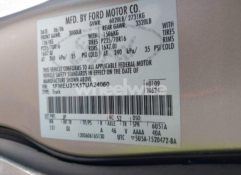 Photo 9 of 2007 Ford Explorer SPORT TRAC XLT (VIN 1FMEU31K17UA24060)