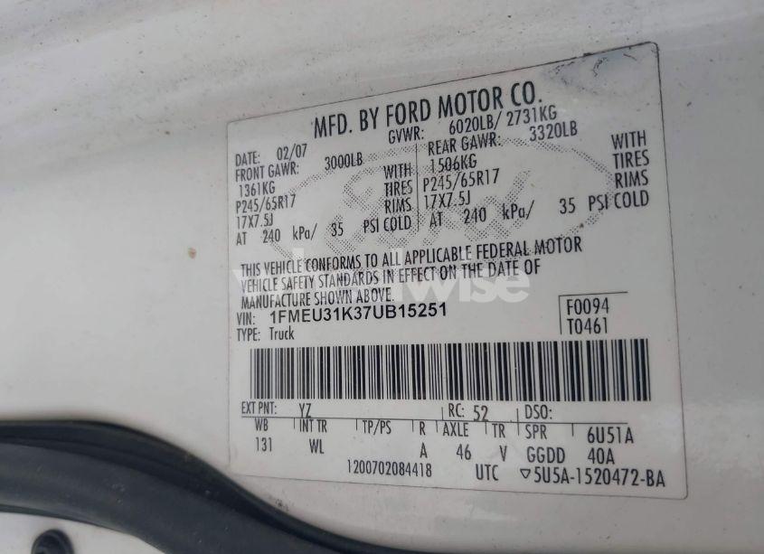 Photo 9 of 2007 Ford Explorer SPORT TRAC XLT (VIN 1FMEU31K37UB15251)