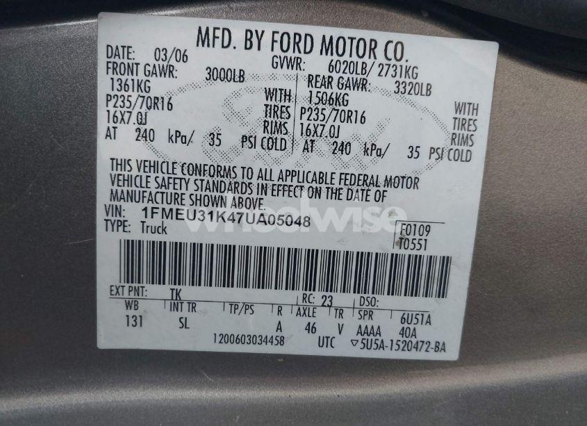 Photo 9 of 2007 Ford Explorer SPORT TRAC XLT (VIN 1FMEU31K47UA05048)