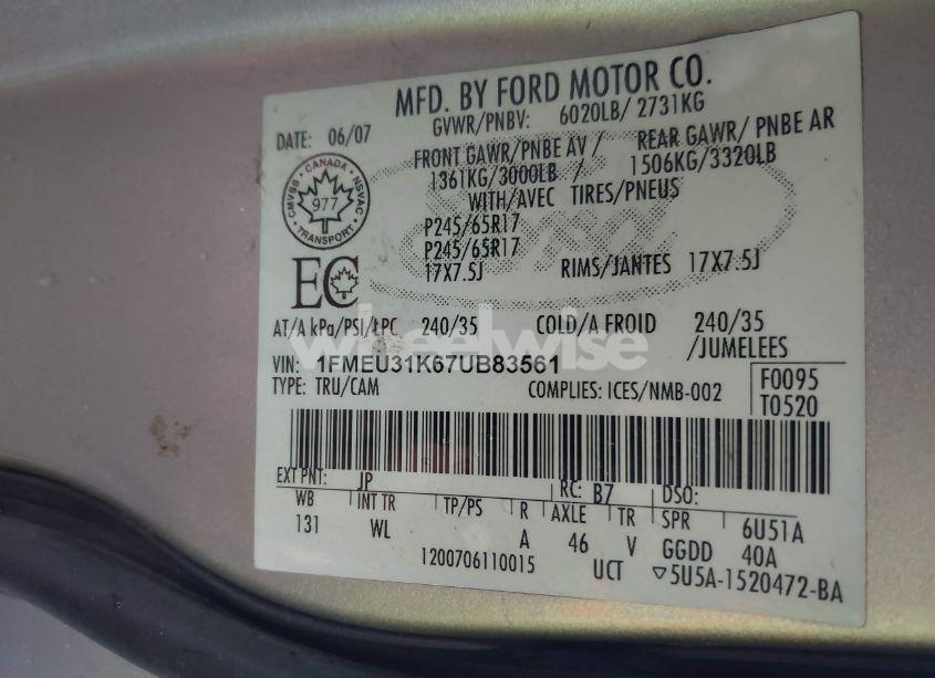 Photo 9 of 2007 Ford Explorer SPORT TRAC XLT (VIN 1FMEU31K67UB83561)