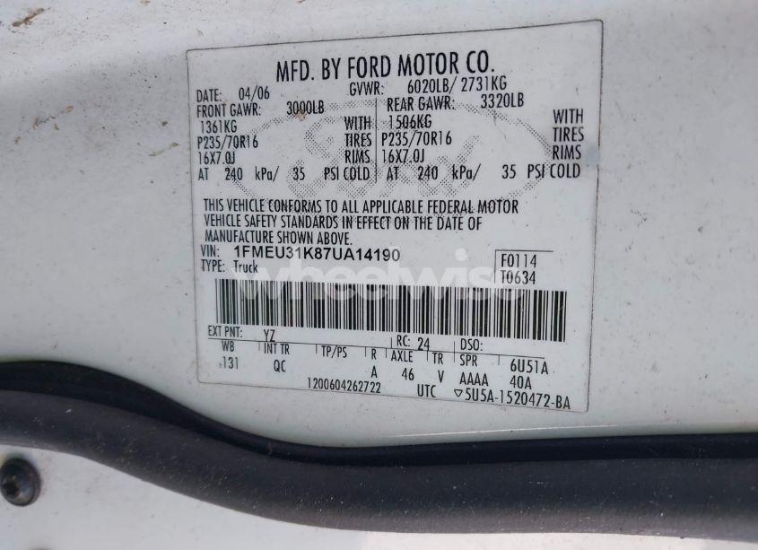 Photo 9 of 2007 Ford Explorer SPORT TRAC XLT (VIN 1FMEU31K87UA14190)