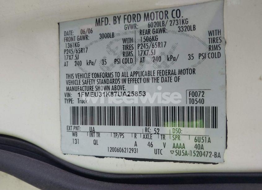 Photo 9 of 2007 Ford Explorer SPORT TRAC XLT (VIN 1FMEU31K87UA25853)