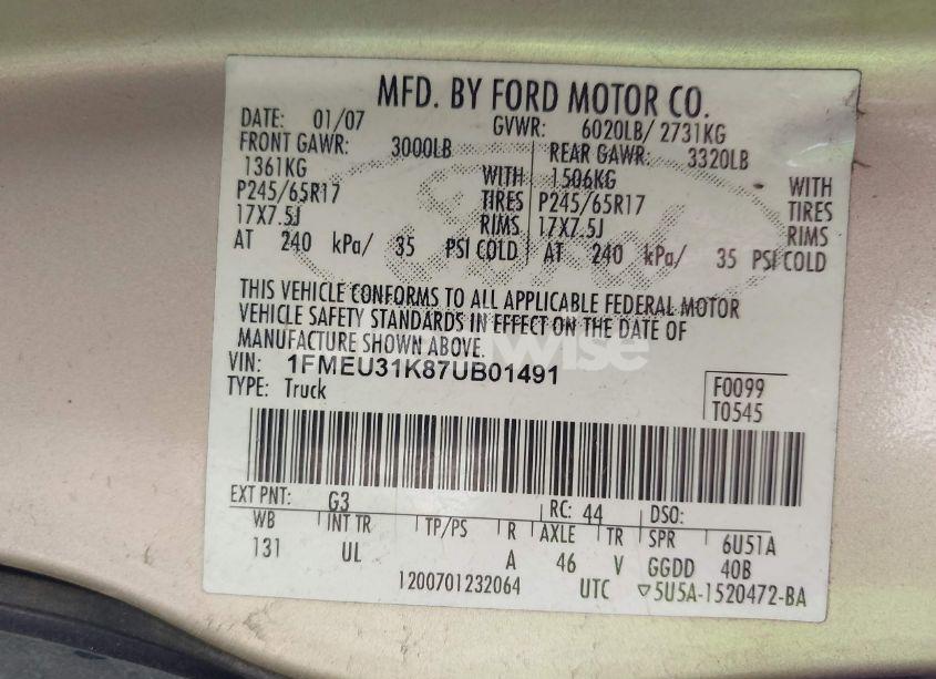 Photo 9 of 2007 Ford Explorer SPORT TRAC XLT (VIN 1FMEU31K87UB01491)