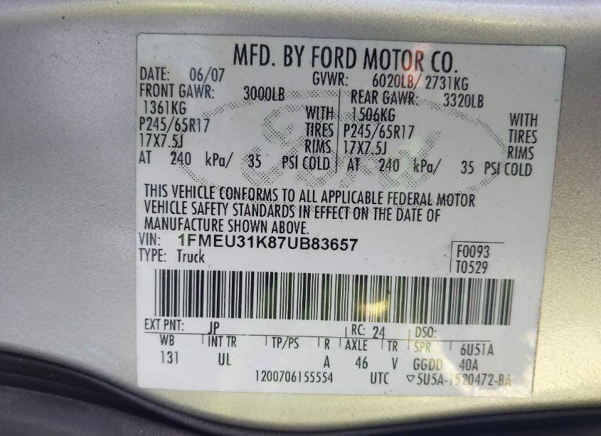 Photo 9 of 2007 Ford Explorer SPORT TRAC XLT (VIN 1FMEU31K87UB83657)