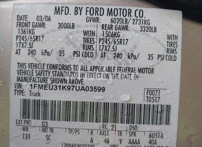 Photo 9 of 2007 Ford Explorer SPORT TRAC XLT (VIN 1FMEU31K97UA03599)