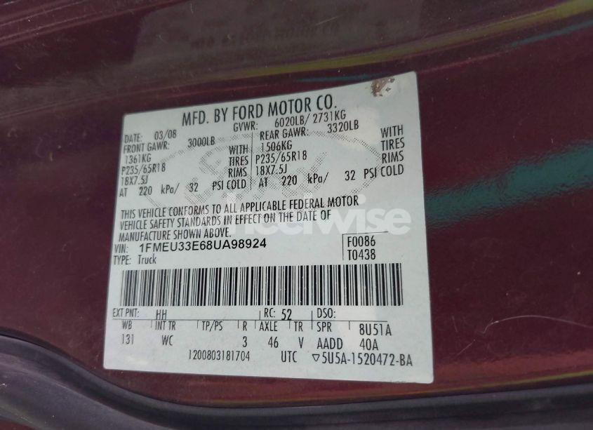 Photo 9 of 2008 Ford Explorer SPORT TRAC LIMITED (VIN 1FMEU33E68UA98924)