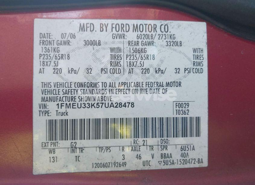 Photo 9 of 2007 Ford Explorer SPORT TRAC LIMITED (VIN 1FMEU33K57UA28478)