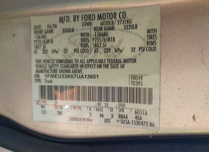 Photo 9 of 2007 Ford Explorer SPORT TRAC LIMITED (VIN 1FMEU33K67UA13651)