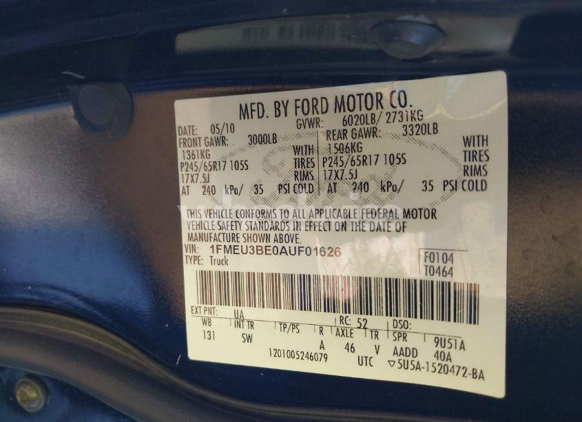 Photo 9 of 2010 Ford Explorer SPORT TRAC XLT (VIN 1FMEU3BE0AUF01626)